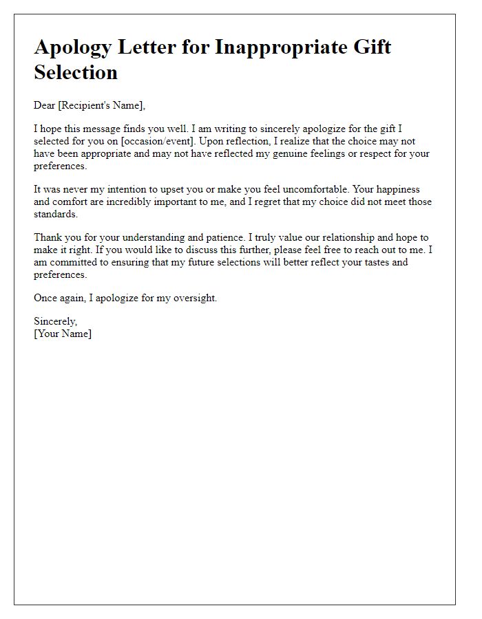 Letter template of sincere apology for inappropriate gift selection