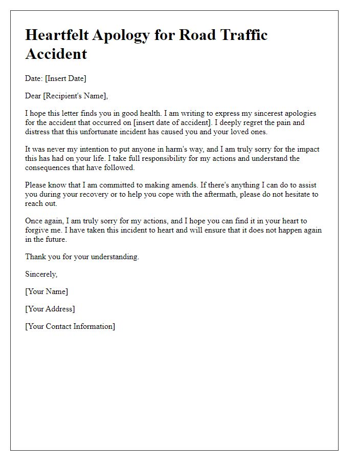 Letter template of heartfelt apology for road traffic accident.