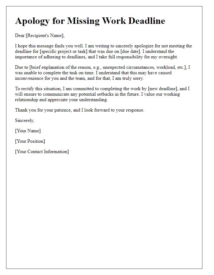 Letter template of sincere apology for missing work deadline