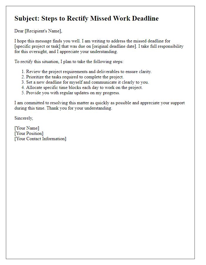 Letter template of steps to rectify missed work deadline