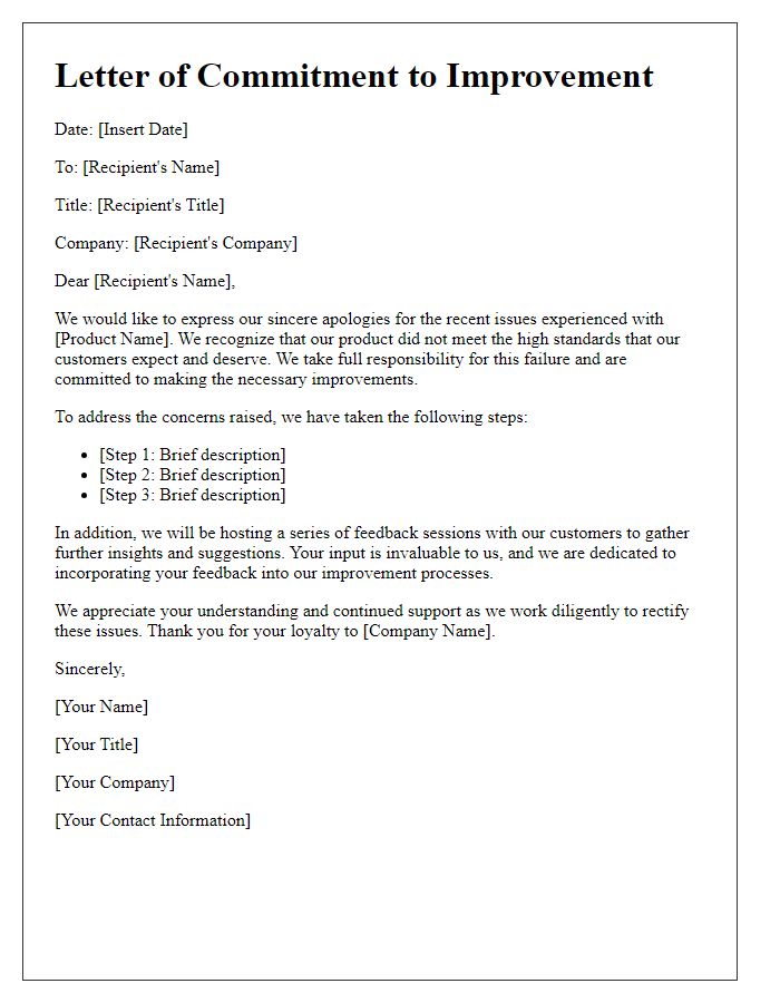 Letter template of commitment to improvement after product failure.