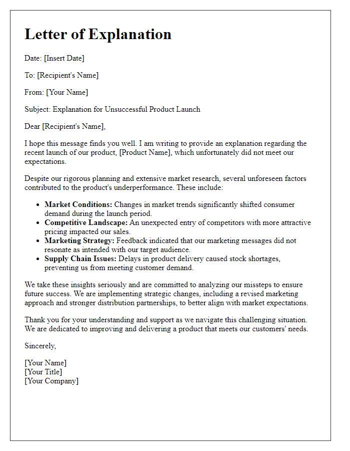 Letter template of explanation for unsuccessful product launch.