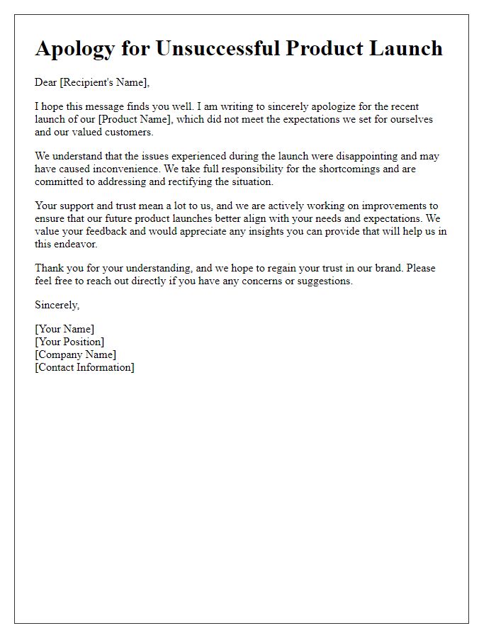 Letter template of sincere apology for unsuccessful product launch.