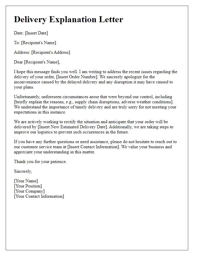 Letter template of explanation regarding failed delivery expectations