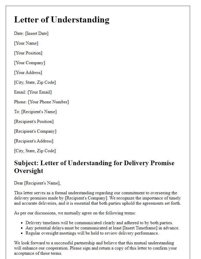 Letter template of understanding for delivery promise oversight