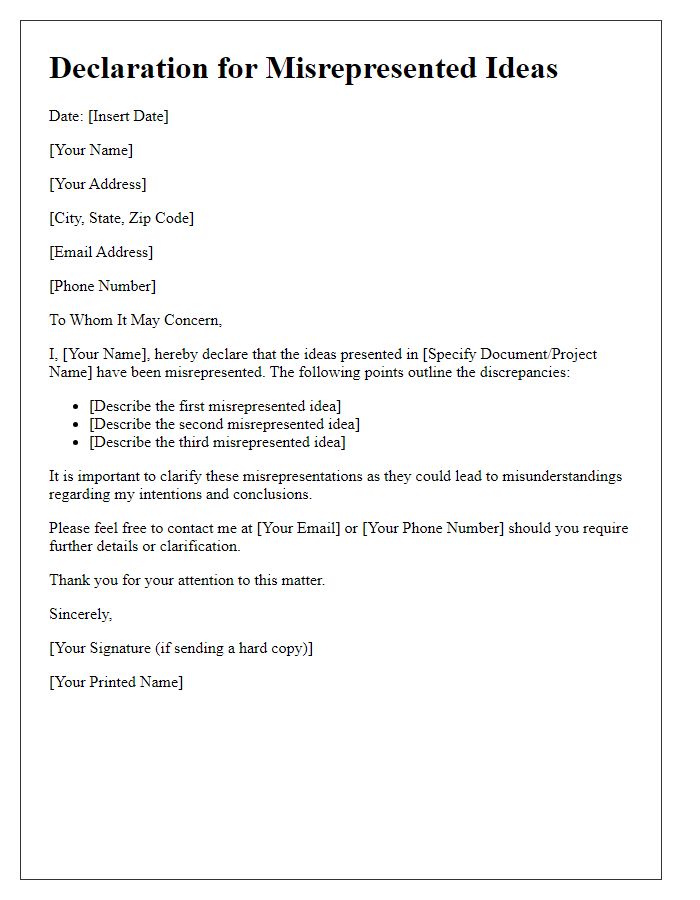 Letter template of declaration for misrepresented ideas.