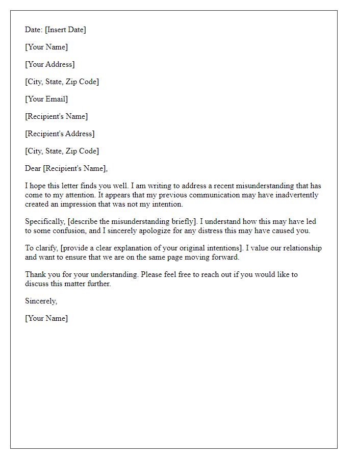 Letter template of explanation for misunderstanding an impression.