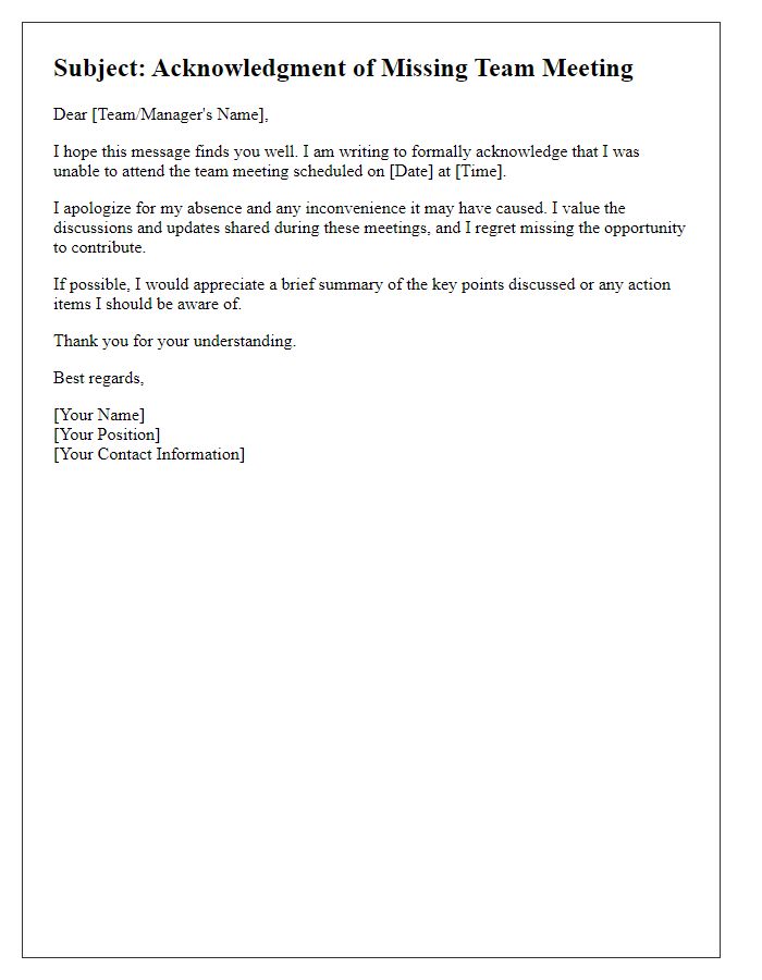 Letter template of acknowledgment for missing team meeting.