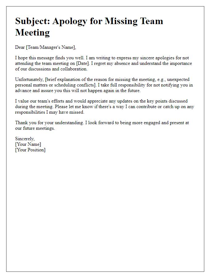 Letter template of contrition for failing to attend team meeting.