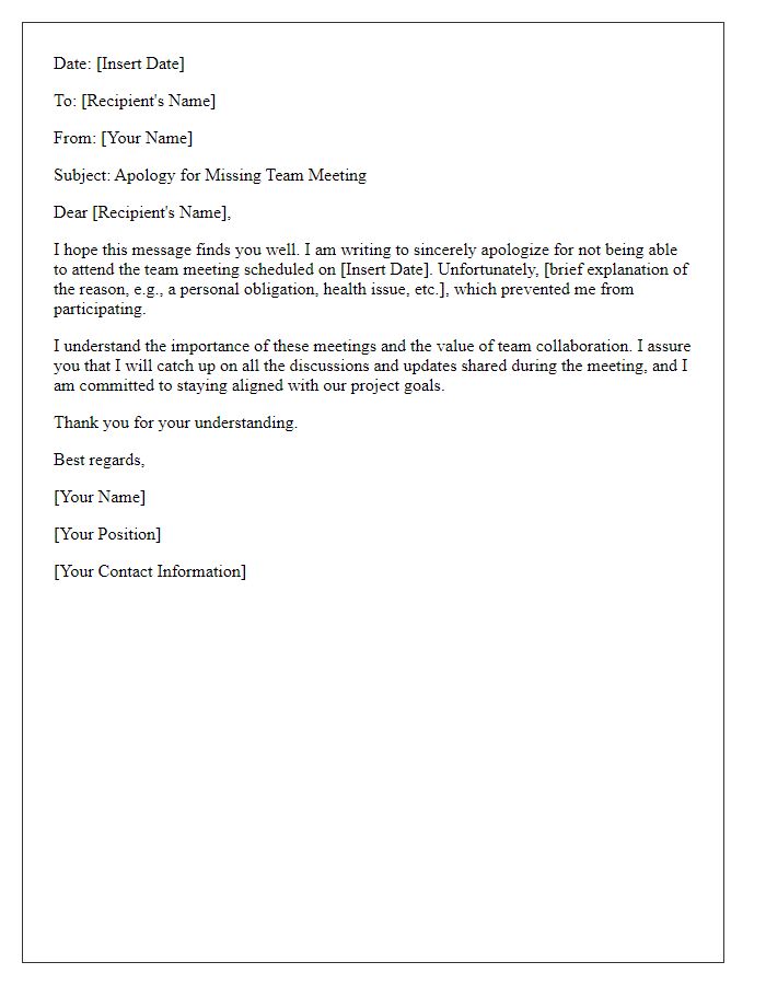 Letter template of explanation for skipping a team meeting.