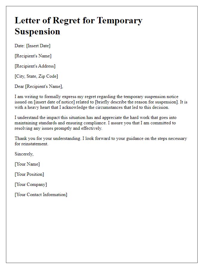 Letter template of regret regarding temporary suspension notice