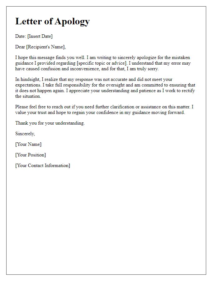 Letter template of sincere apology for providing mistaken guidance.