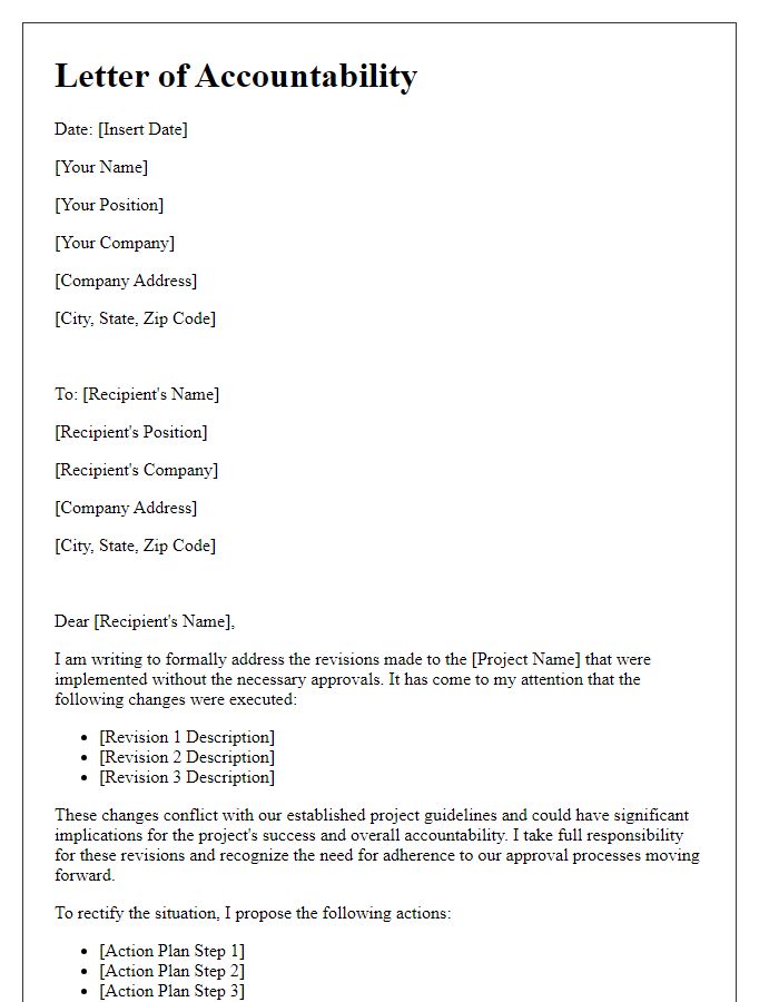 Letter template of accountability for unapproved project revisions