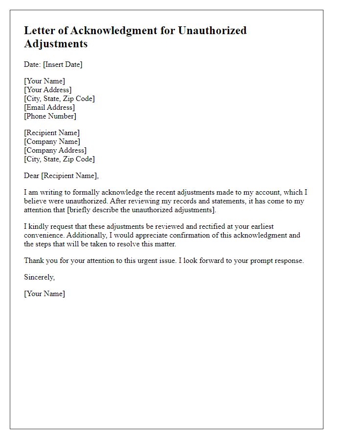 Letter template of acknowledgment for unauthorized adjustments