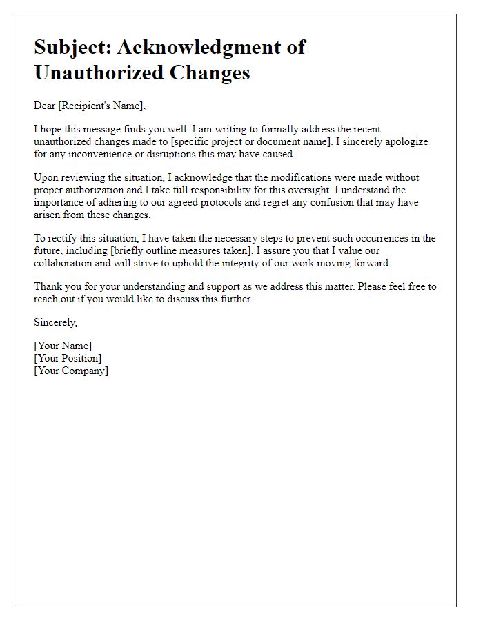 Letter template of contrite response to unauthorized changes made