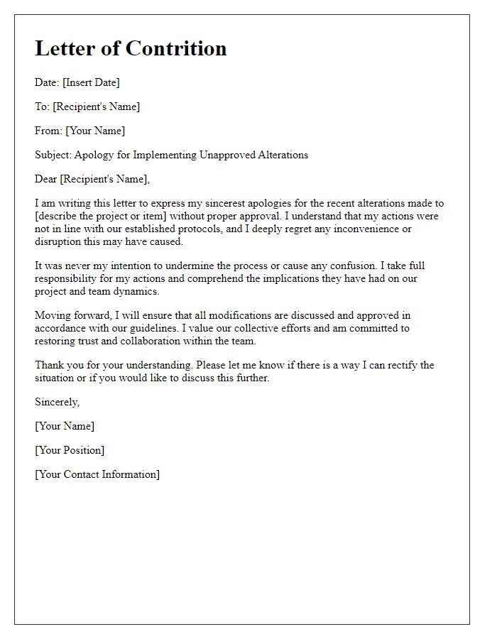 Letter template of contrition for implementing unapproved alterations