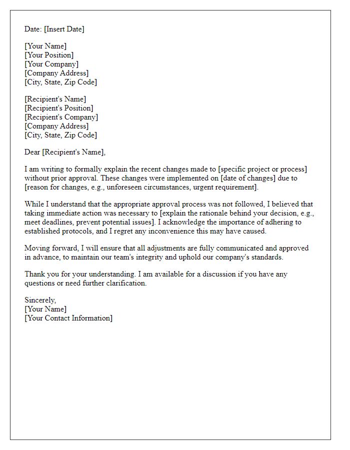 Letter template of explanation for changes made without approval