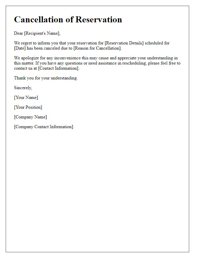 Letter template of communication for canceled reservation