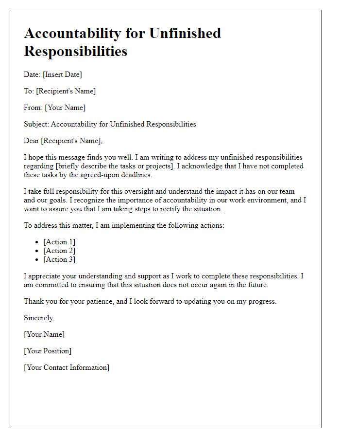 Letter template of accountability for unfinished responsibilities.