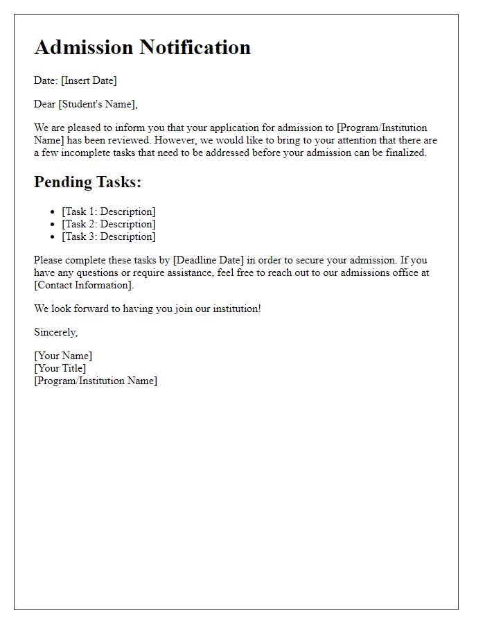 Letter template of admission for tasks left incomplete.