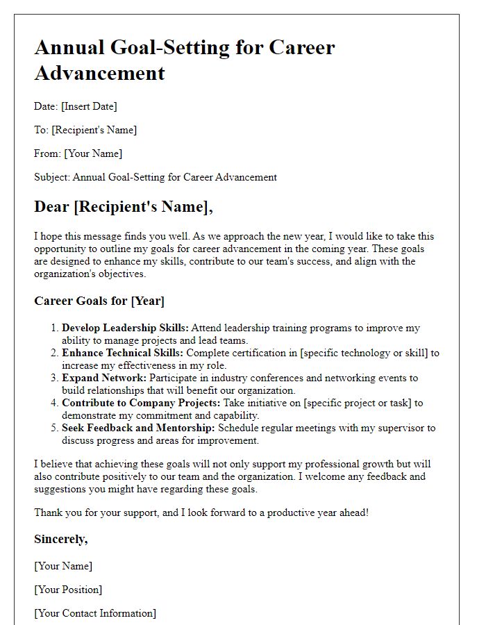 Letter template of annual goal-setting for career advancement