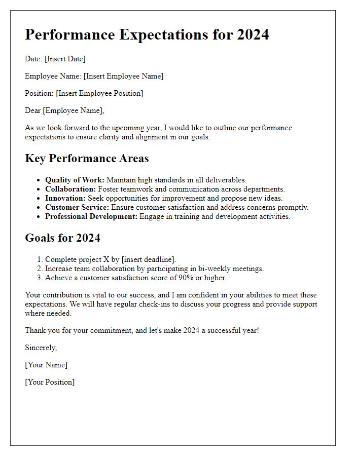 Letter template of outlining performance expectations for the upcoming year