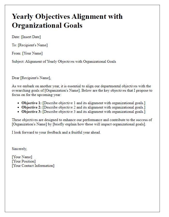 Letter template of yearly objectives alignment with organizational goals