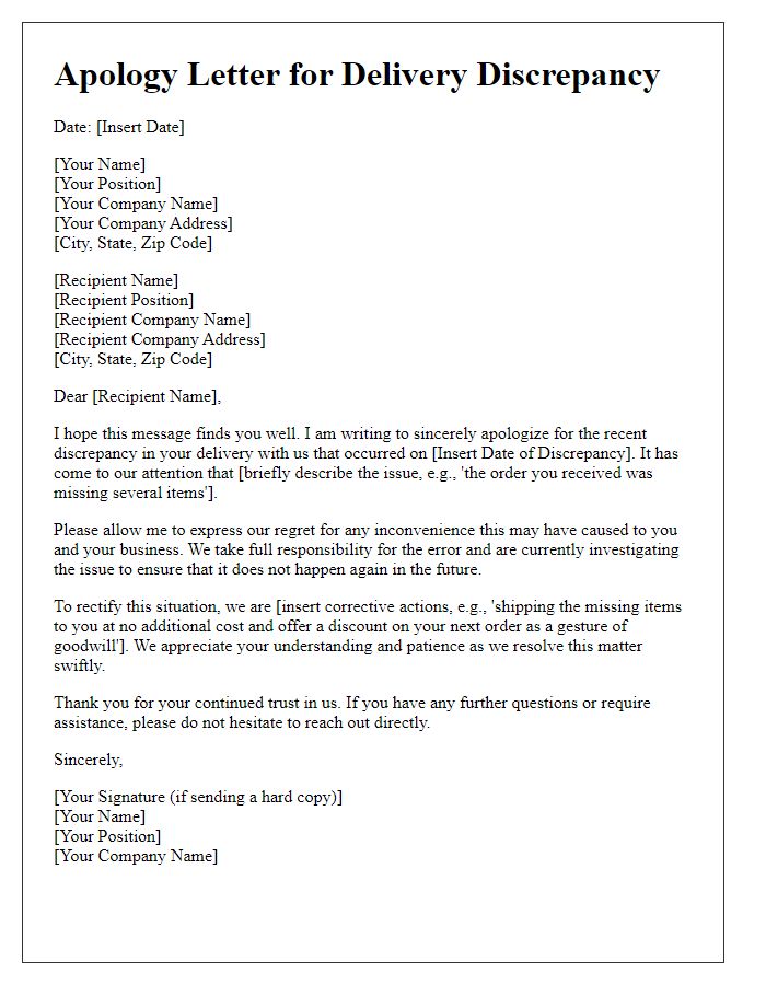 Letter template of business apology for delivery discrepancy