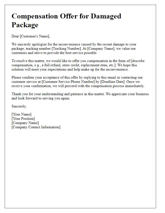 Letter template of compensation offer for damaged package.