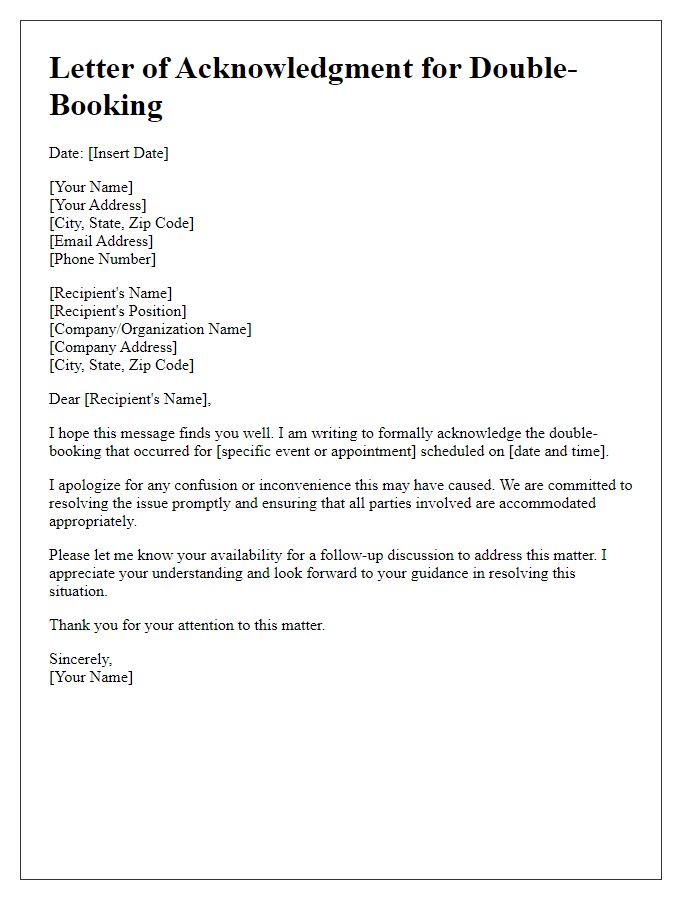 Letter template of acknowledgment for double-booking