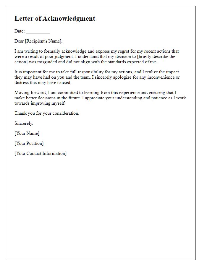 Letter template of acknowledgment for poor judgment