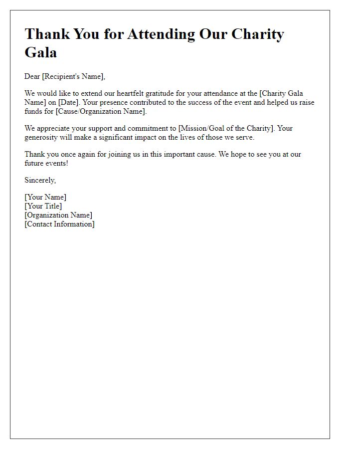 Letter template of acknowledgment for attending a charity gala.