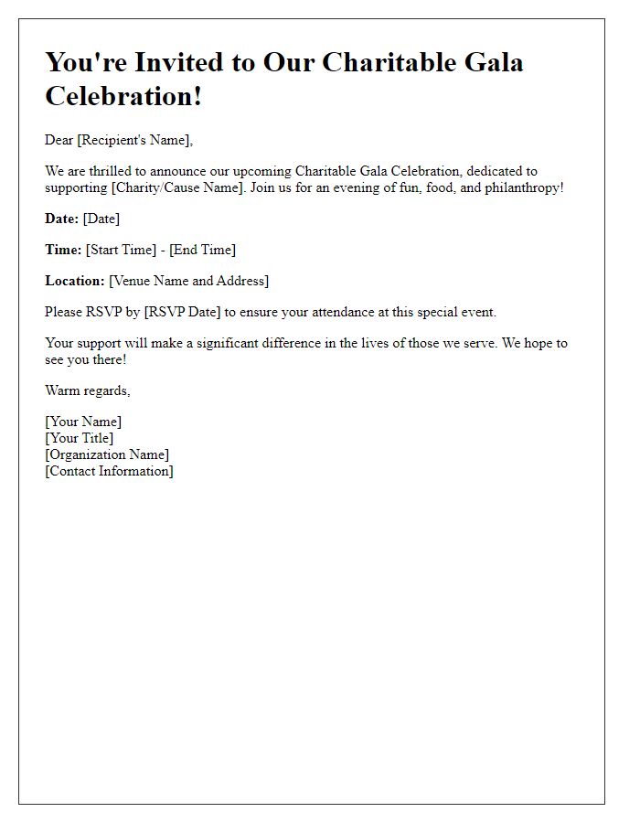 Letter template of notification for a charitable gala celebration.