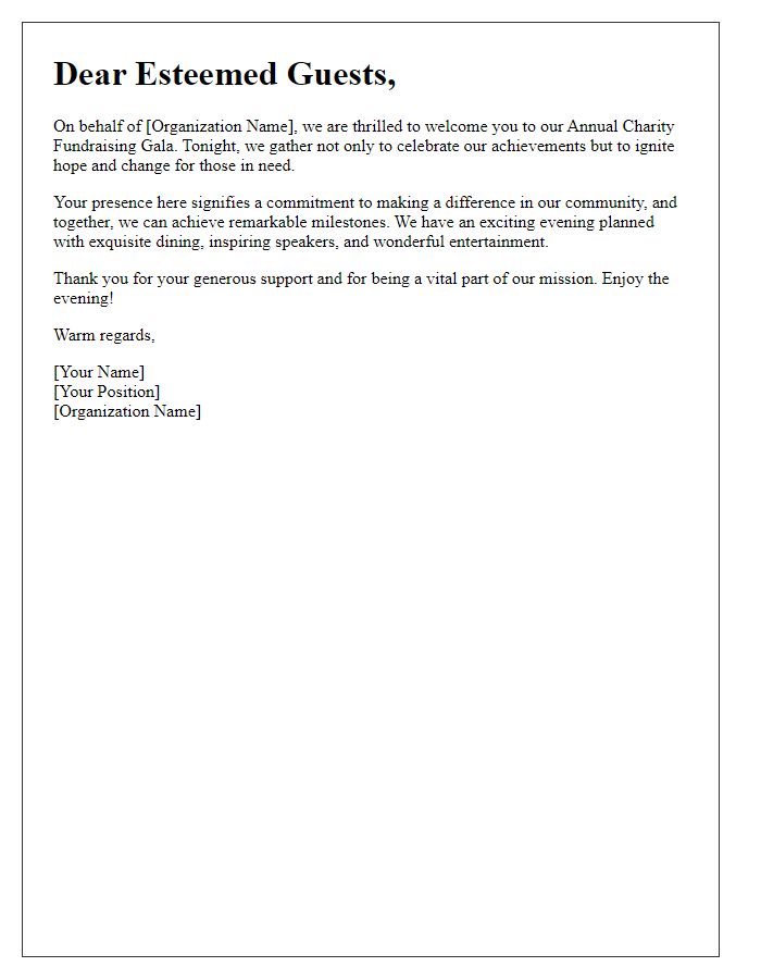 Letter template of welcoming guests to a charity fundraising gala.