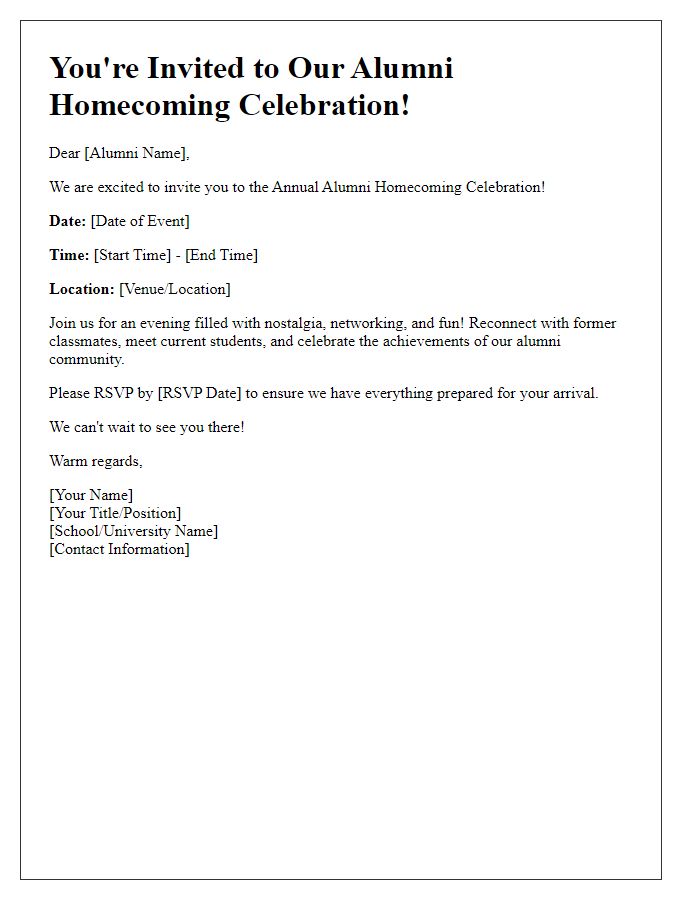 Letter template of Alumni Homecoming Celebration Invitation