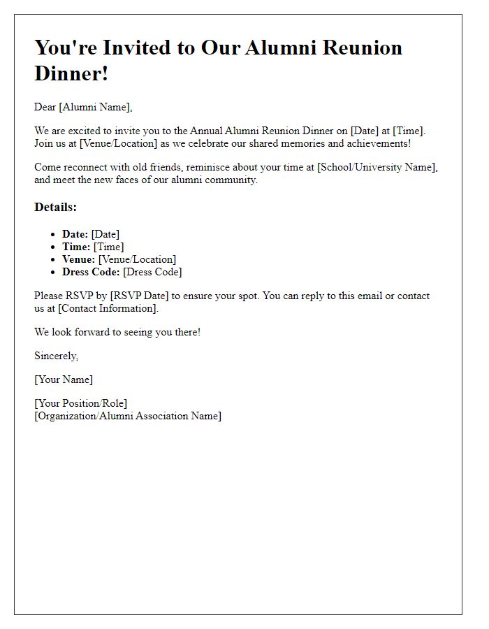 Letter template of Alumni Reunion Dinner Invitation