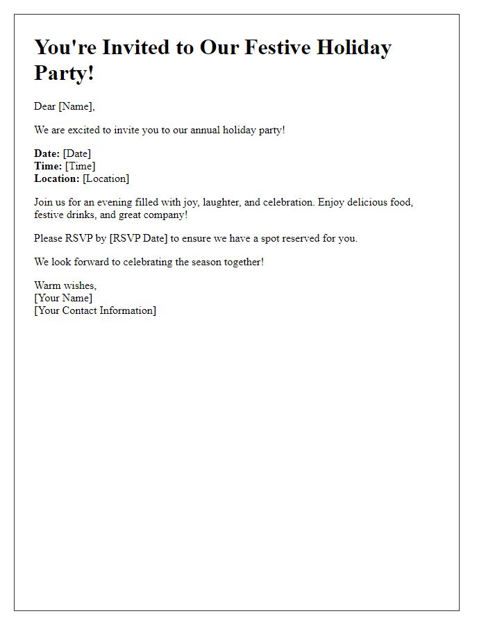 Letter template of festive holiday party invitation.