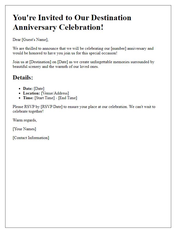 Letter template of an anniversary celebration invitation for a destination event.