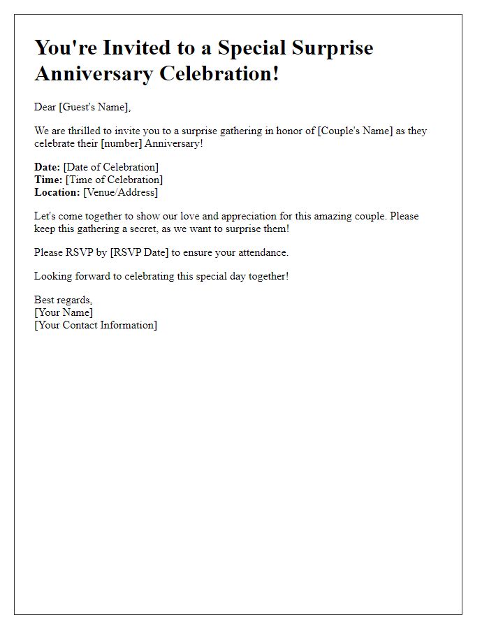 Letter template of an anniversary celebration invitation for a surprise gathering.