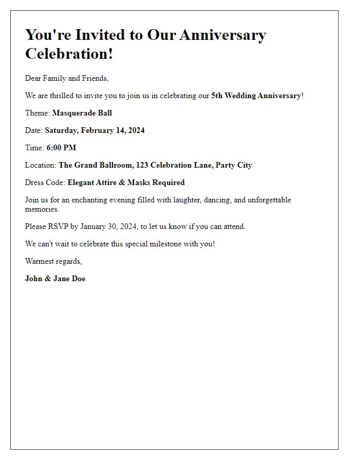 Letter template of an anniversary celebration invitation for a themed party.