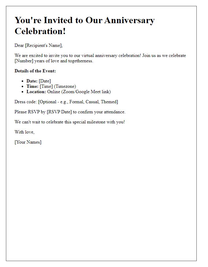 Letter template of an anniversary celebration invitation for a virtual gathering.