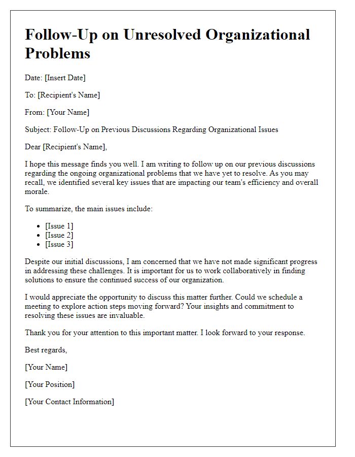 Letter template of follow-up on unresolved organizational problems