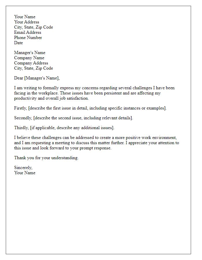 Letter template of formal complaint about workplace challenges