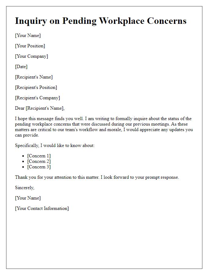 Letter template of inquiry on pending workplace concerns