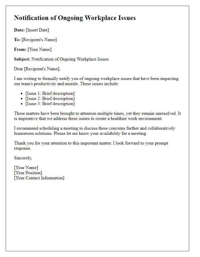 Letter template of notification for ongoing workplace issues