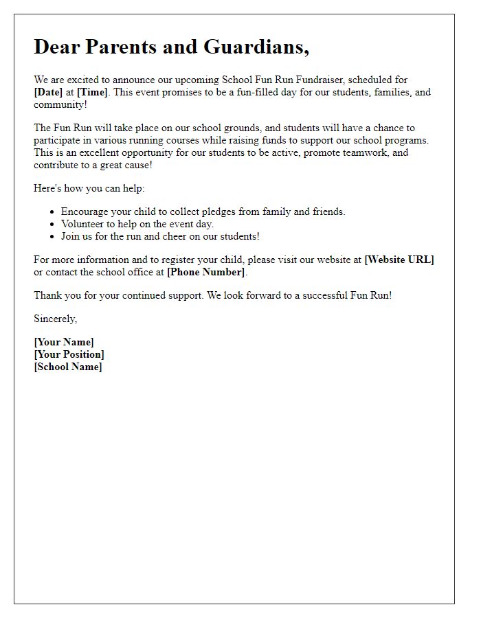 Letter template of announcement for school fun run fundraiser