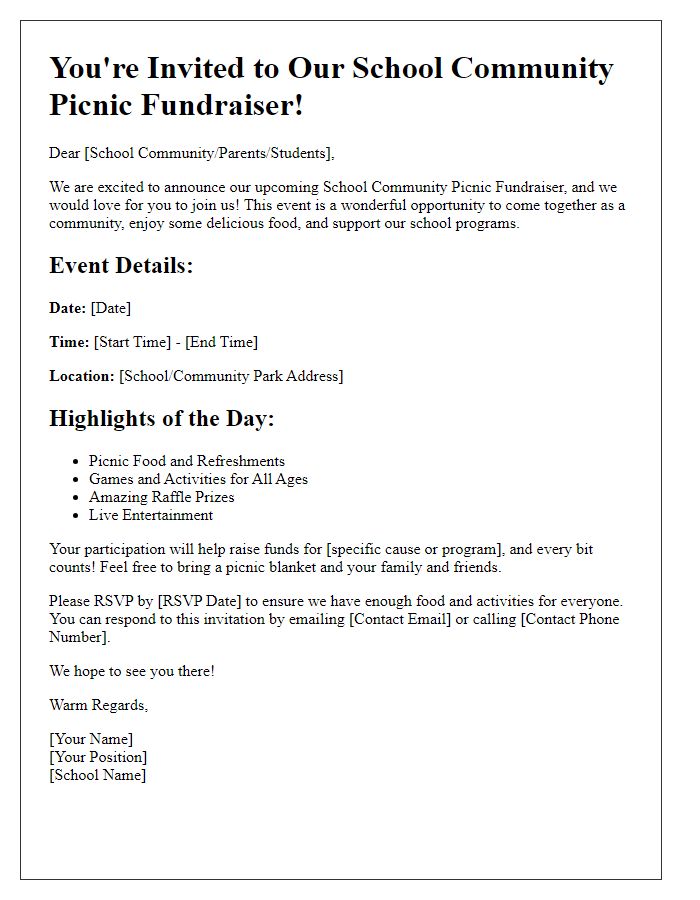 Letter template of invitation to school community picnic fundraiser