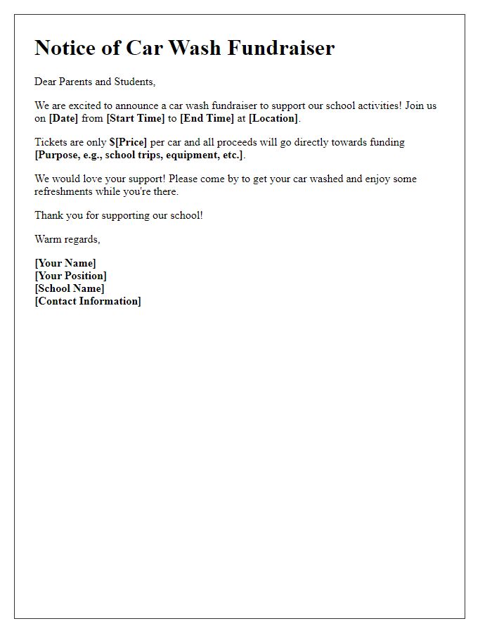 Letter template of notice for school car wash fundraiser