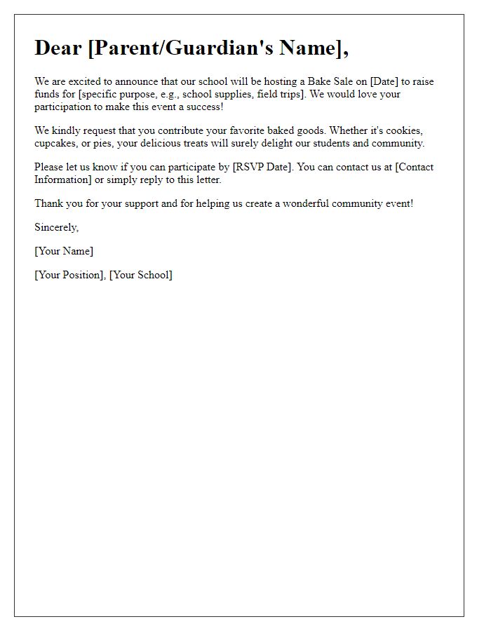 Letter template of request for participation in school bake sale