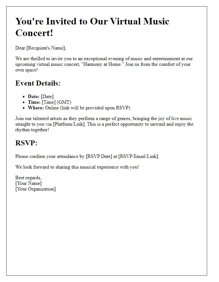 Letter template of virtual music concert event invitation